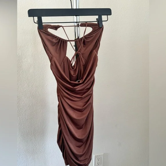 Oh Polly Ruched Keyhole Halter Mini Dress in Brown - Picture 2 of 5